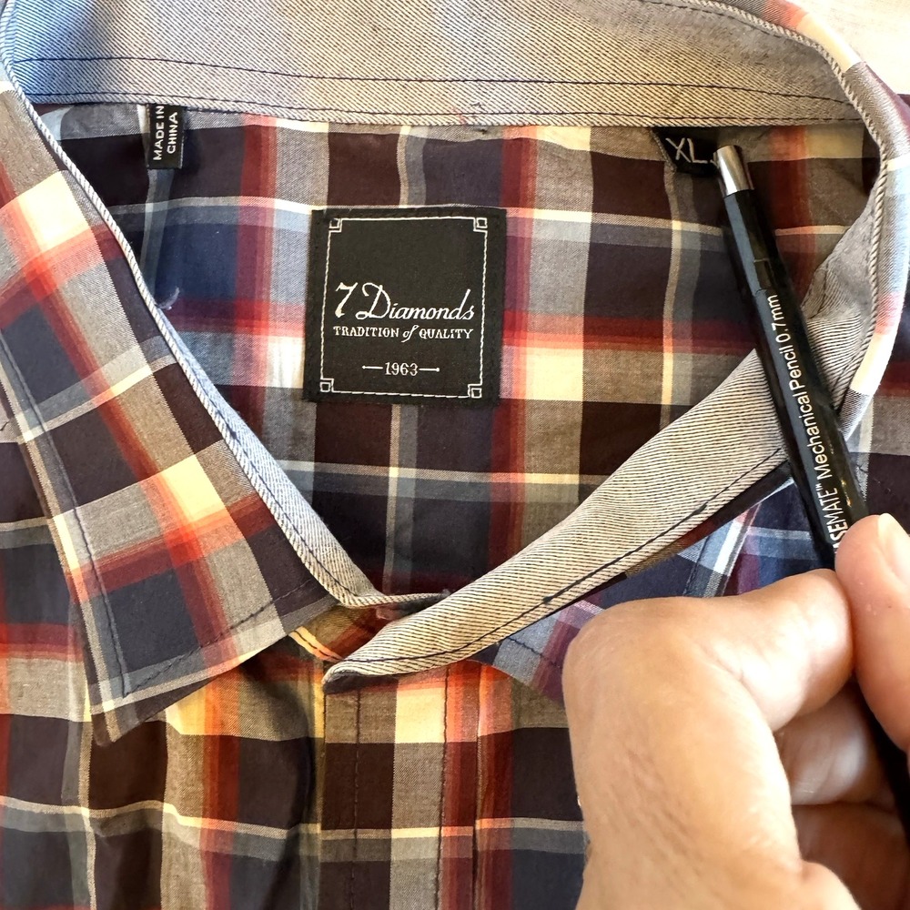 7 Diamonds The Ride Short Sleeve Button Down Mens Shirt Red Blue‎ Gray Plaid XL - Picture 5 of 15